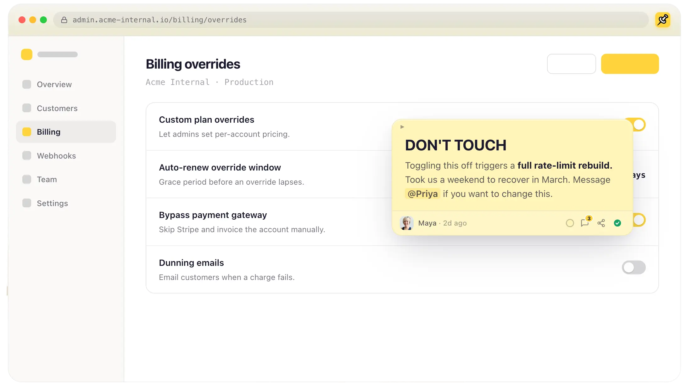 A Tackt sticky note pinned to a real web app